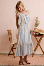 SO ME Stripe Tiered Shoulder Tie Midi Lined Dress