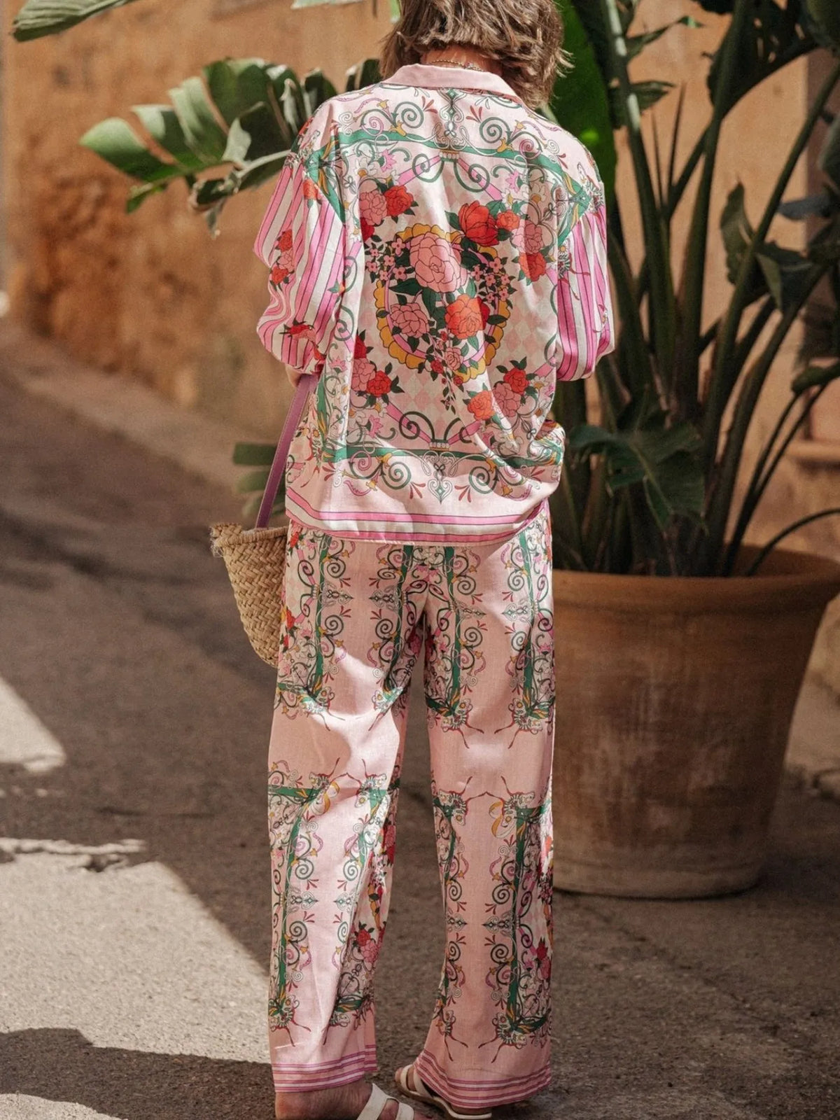 Printed Button Up Shirt and Pants Set