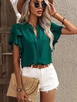 Ruffle Sleeve Notched Blouse - Ladyez