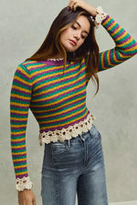 SO ME Mardi Gras Striped Cropped Knit Top with Crochet Edge