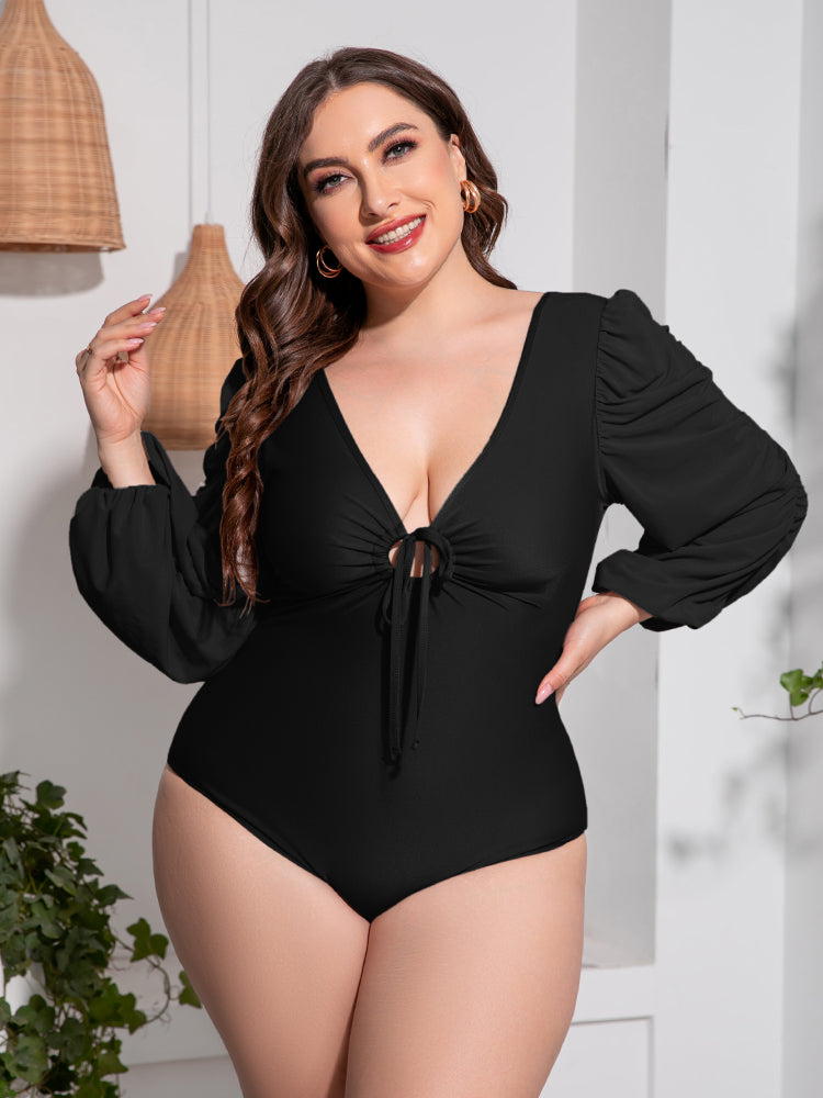 Plus Size Tied Deep V Balloon Sleeve One-Piece Swimsuit - Ladyez