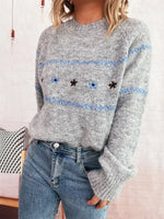 Ribbed Hem Flower Long Sleeve Sweater