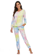 Tie-Dye Top and Drawstring Pants Lounge Set - Ladyez