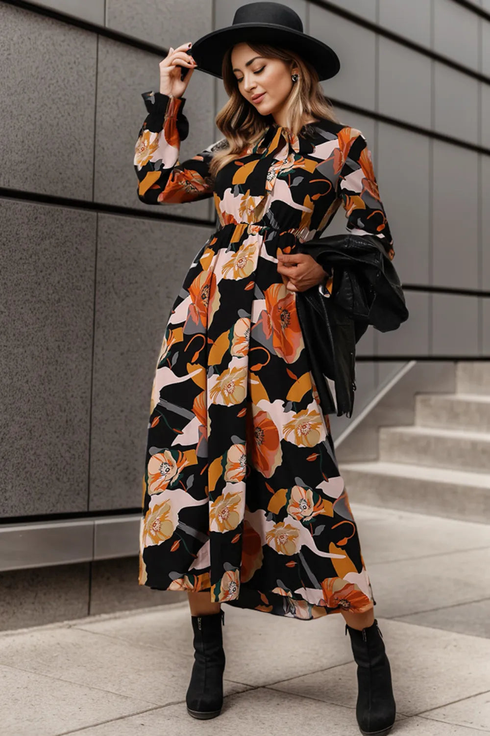 Printed Tie Neck Flounce Sleeve Dress - Ladyez