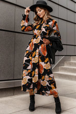 Printed Tie Neck Flounce Sleeve Dress - Ladyez