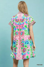 Umgee Mediterranean Print Dress with Contrast Printed Trim
