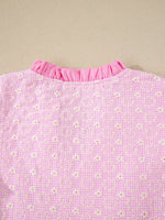 Eyelet Embroidered Flower Texture Contrast Lace Trim Flutter Sleeve Blouse