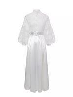 Lace Lantern Sleeve Belted Maxi Dress