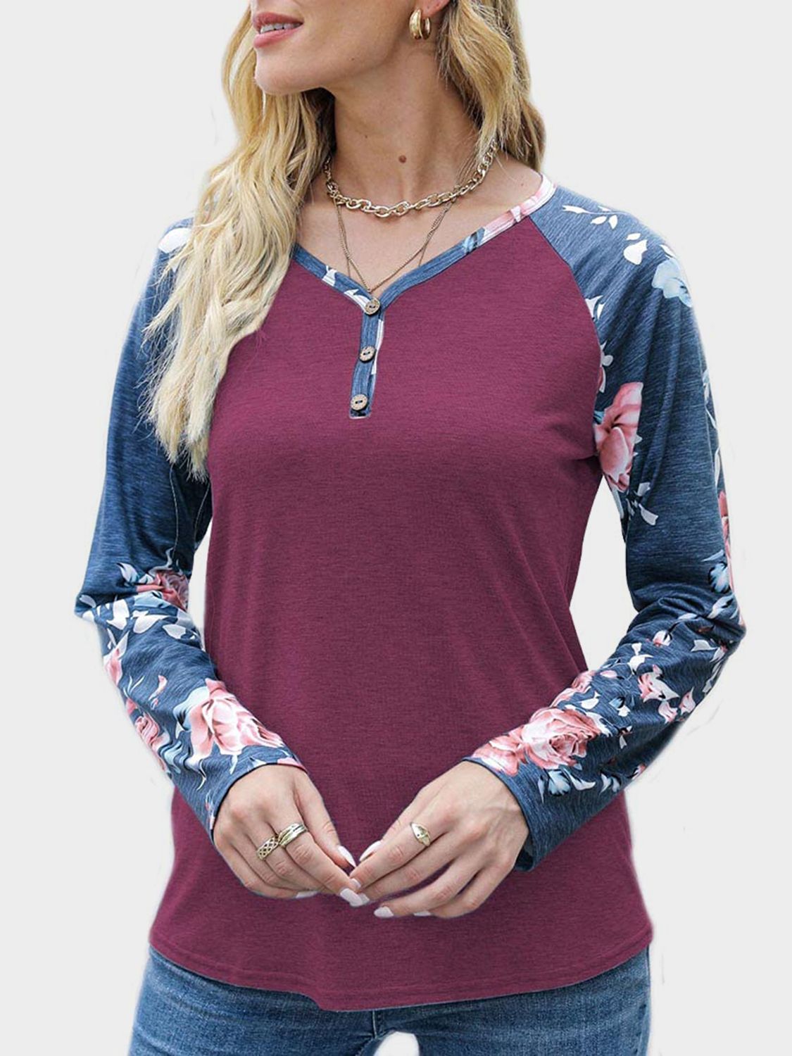 V-Neck Floral Long Sleeve T-Shirt - Ladyez