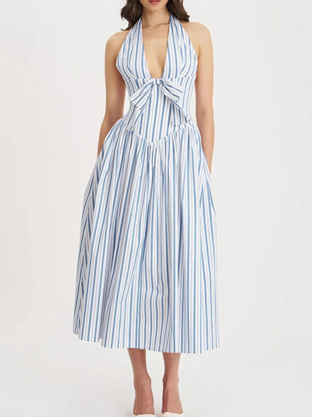 Striped Halter Neck Midi Dress with Tie Front Detail - Ladyez