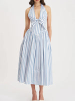 Striped Halter Neck Midi Dress with Tie Front Detail - Ladyez