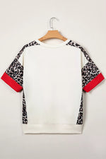 Leopard Block Patchwork Uneven Hem Short Sleeve Top