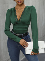 Perfee Lace Detail Plunge Long Sleeve Bodysuit - Ladyez