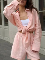 Button Up Long Sleeve Shirt and Shorts Set