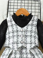 Children's Long Sleeve Top & Plaid Vest & Pleated Skirt Set