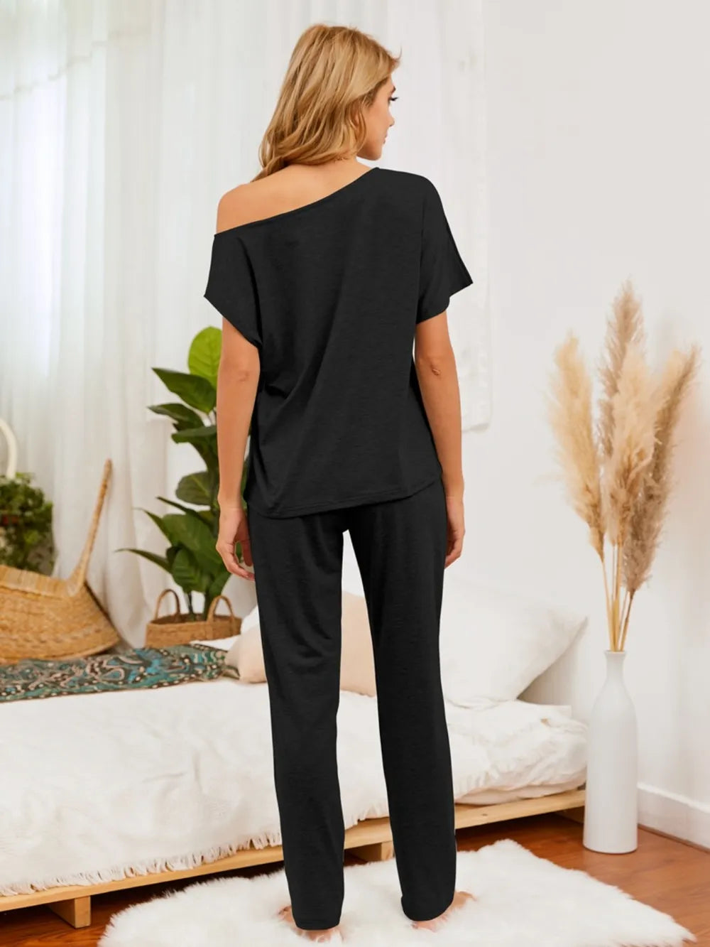 Boat Neck Top and Pants Lounge Set - Ladyez
