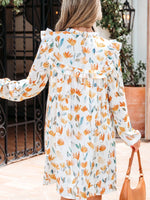Floral Print Tie Neck Frilled Detail Long Sleeve Mini Dress