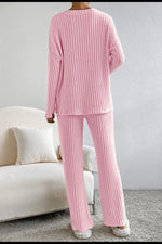 Ribbed V-Neck Top and Pants Lounge Set - Ladyez