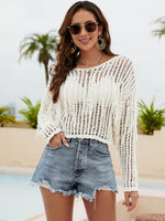 Fringe Trim Openwork Long Sleeve Cover-Up - Ladyez
