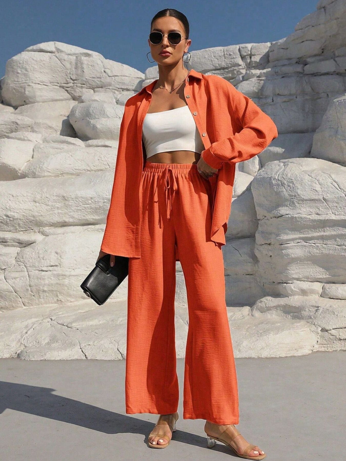 Button Up Long Sleeve Shirt and Pants Set