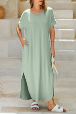 Slit Pocketed Short Sleeve Dress - Ladyez