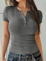 Devine Button Detail Short Sleeve T-Shirt - Ladyez
