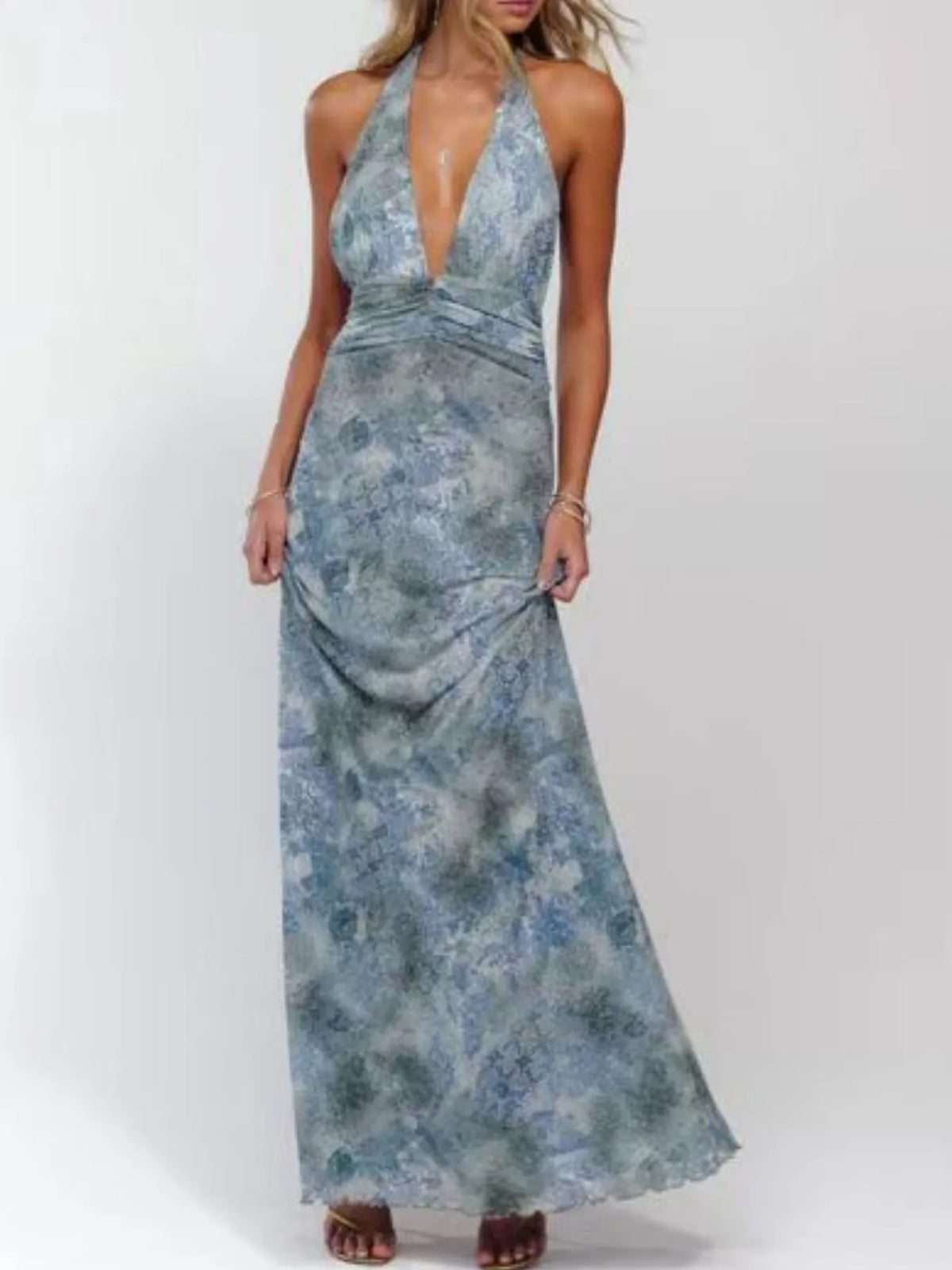 Floral Halter Neck Deep V Maxi Dress - Ladyez