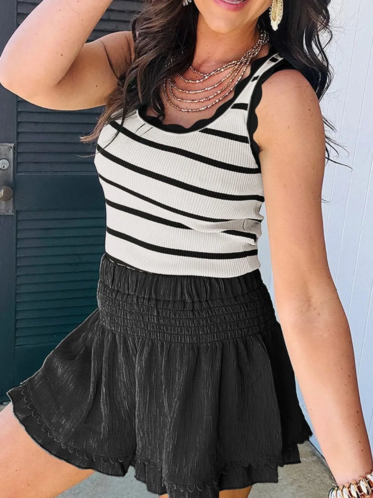 Stripe Scalloped Edge Crew Neck Knit Tank Top - Ladyez