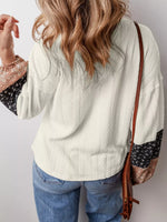 Floral Patchwork Textured Knit Drawstring V Neck Blouse