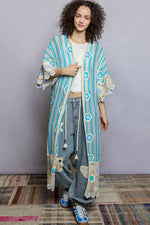 POL Striped and Floral Pattern Crochet Longline Cardigan