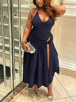 Halter Neck Ruched Bodysuit and Maxi Skirt Set