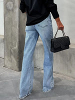 High-Waist Wash Raw Hem Jeans - Ladyez