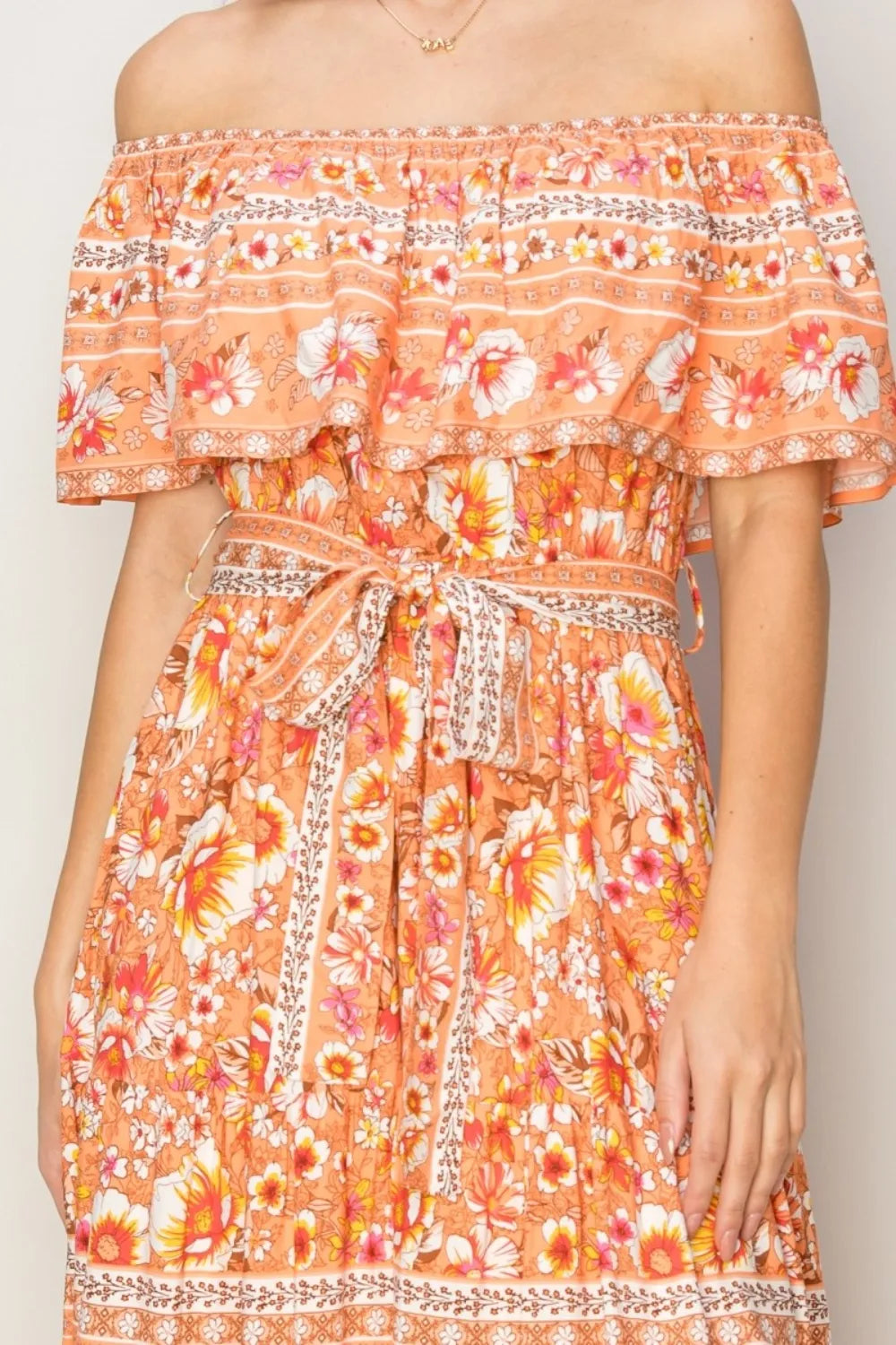 HYFVE Floral Off-Shoulder Tie Front Maxi Dress - Ladyez