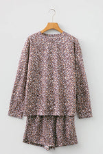 Leopard Ribbed Long Sleeve Top Drawstring Shorts 2pcs Outfit