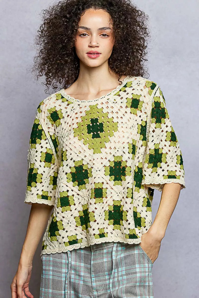 POL Round Neck Short Sleeve Color Pattern Crochet Top with Border Accents