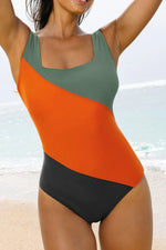 Color Block Padded Square Neck One Piece Swimsuit - Ladyez