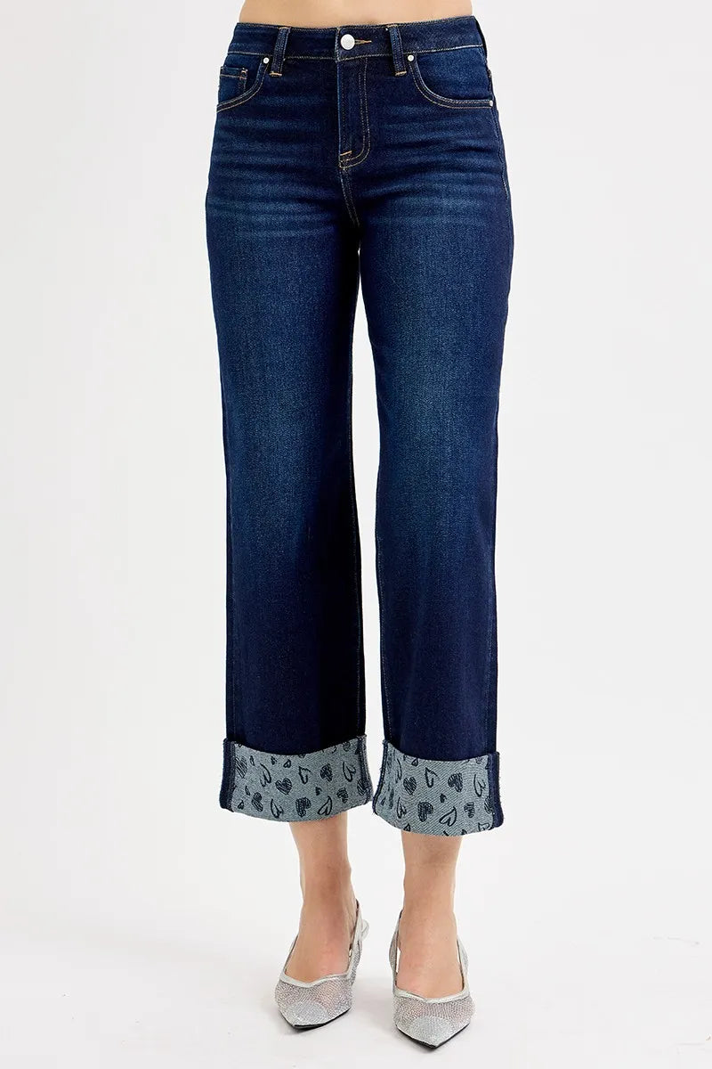 RISEN Full Size Mid Rise Fit Crop Wide With Printed Cuff Jeans Plus Size - Ladyez