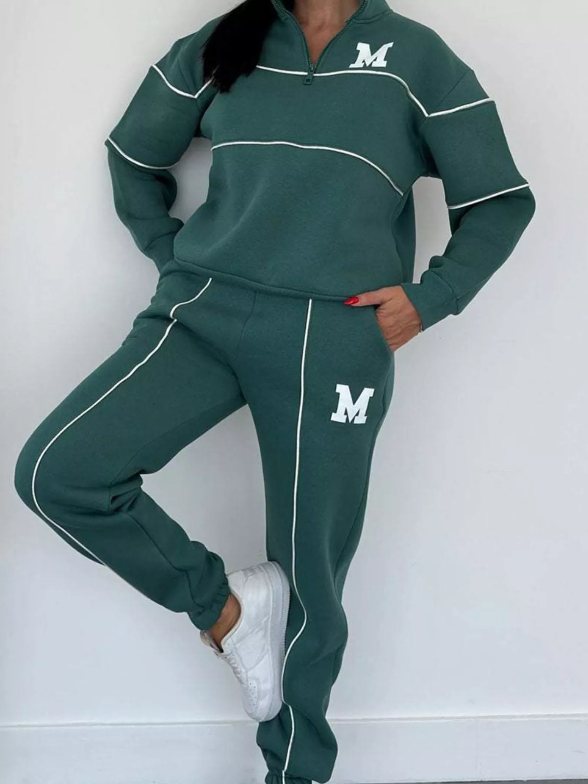 Full Size Striped Quarter Zip Top and Pants Set Plus Size