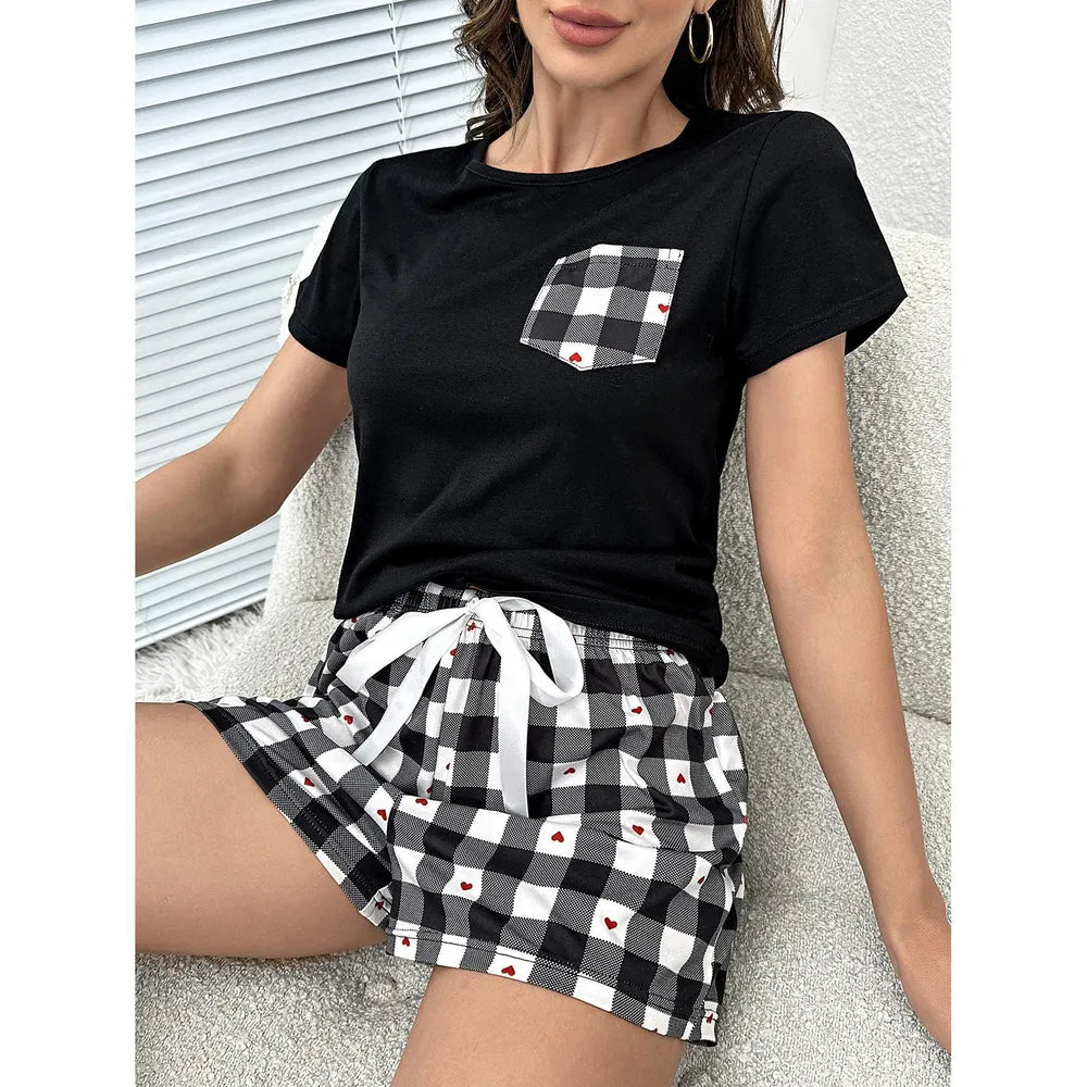 Plaid Heart Top and Shorts Lounge Set - Ladyez