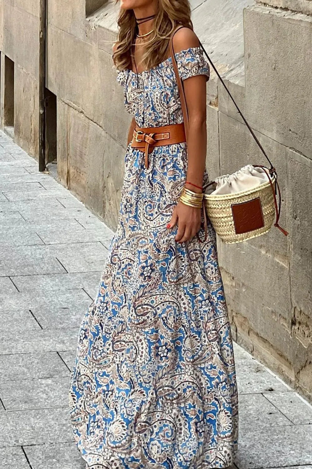 Boho Paisley Print Off Shoulder Maxi Dress