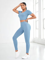 Round Neck Short Sleeve Top and Leggings Active Set - Ladyez