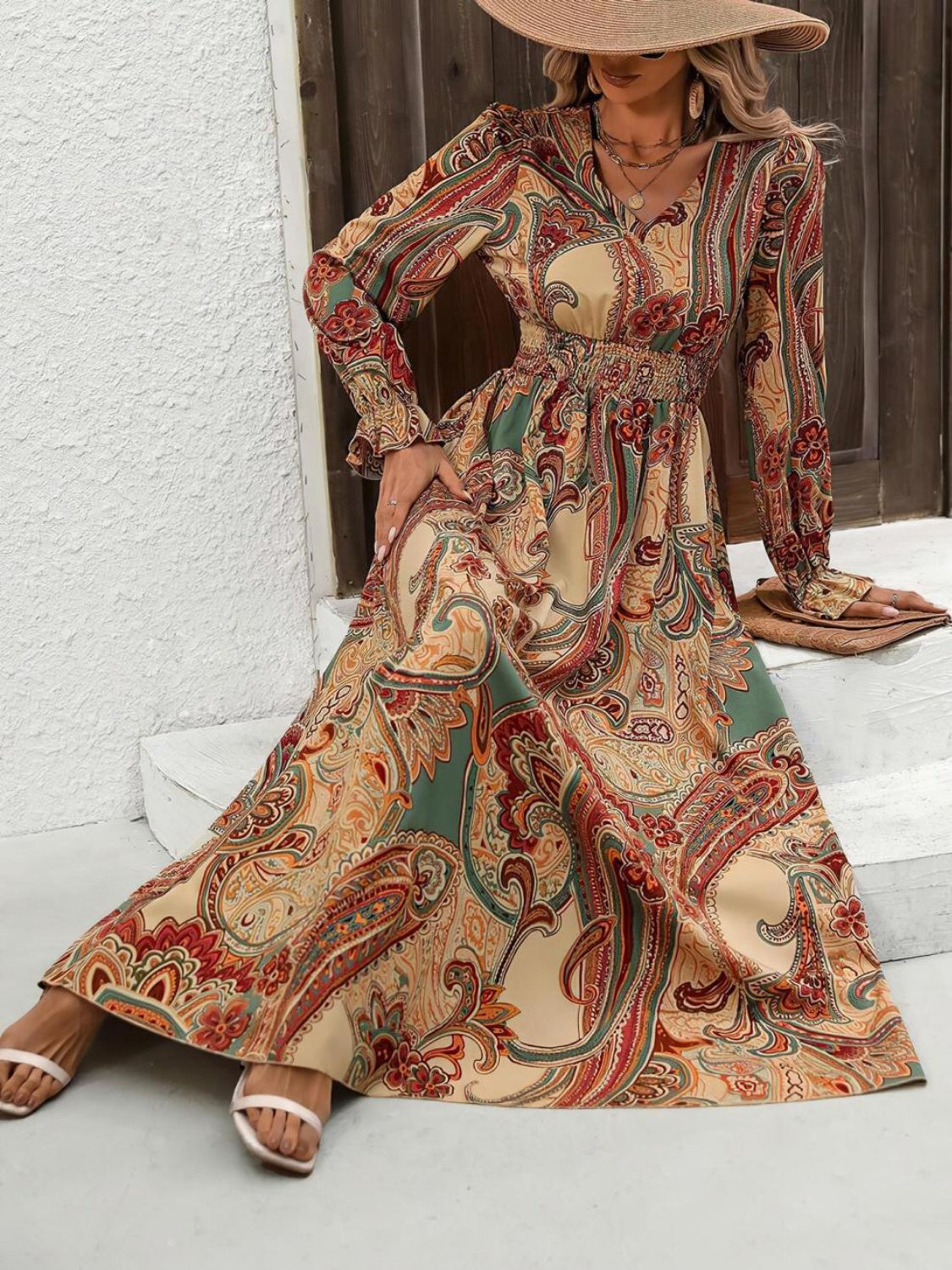 Smocked Printed V-Neck Flounce Sleeve Dress - Ladyez