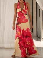 Floral Halter Neck Deep V Maxi Dress - Ladyez