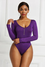 Half Zip Scoop Neck Long Sleeve Bodysuit - Ladyez