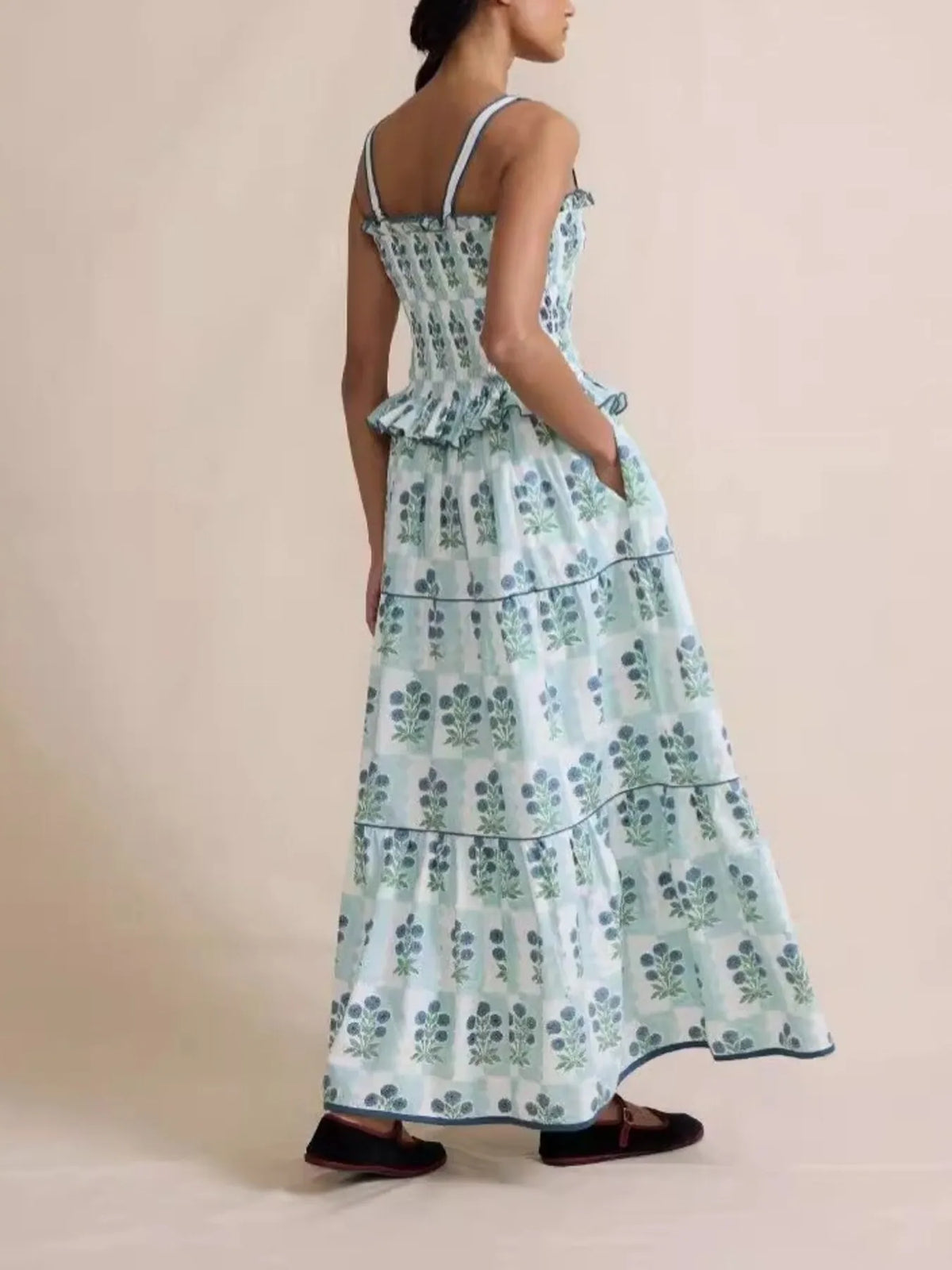 Bohemian Floral Print Smocked Tiered Maxi Dress - Ladyez
