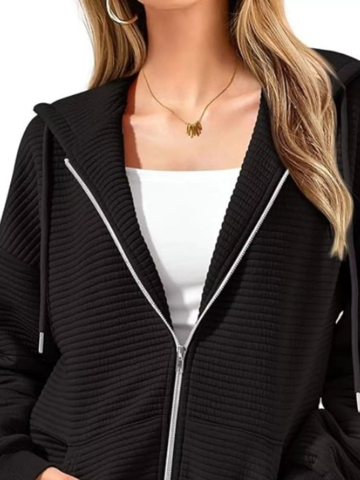 Drawstring Zip Up Dropped Shoulder Hoodie