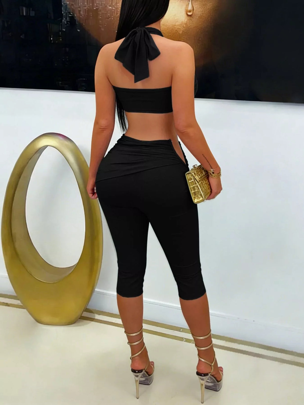 Halter Neck Twist Top and High-Waisted Ruched Capris Set