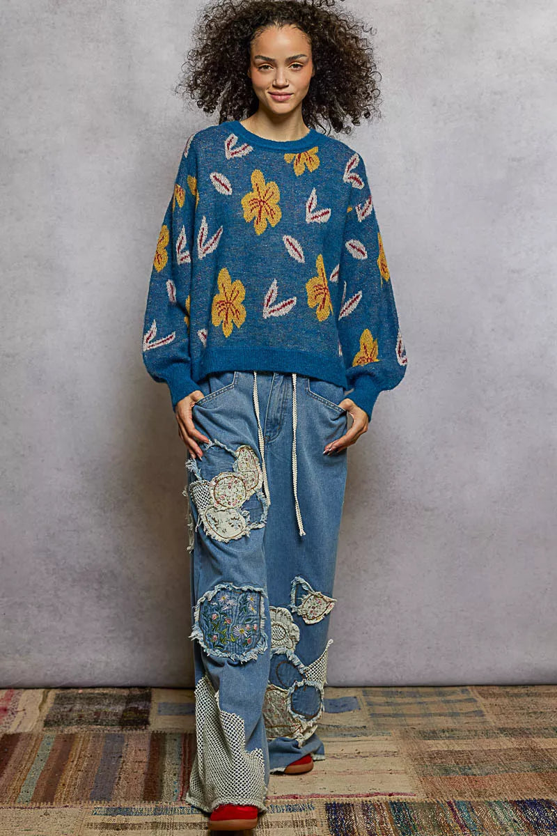 POL Floral Pattern Round Neck Balloon Sleeve Sweater