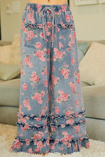BiBi Washed Floral Denim With Ruffle Elastic Wide Pants