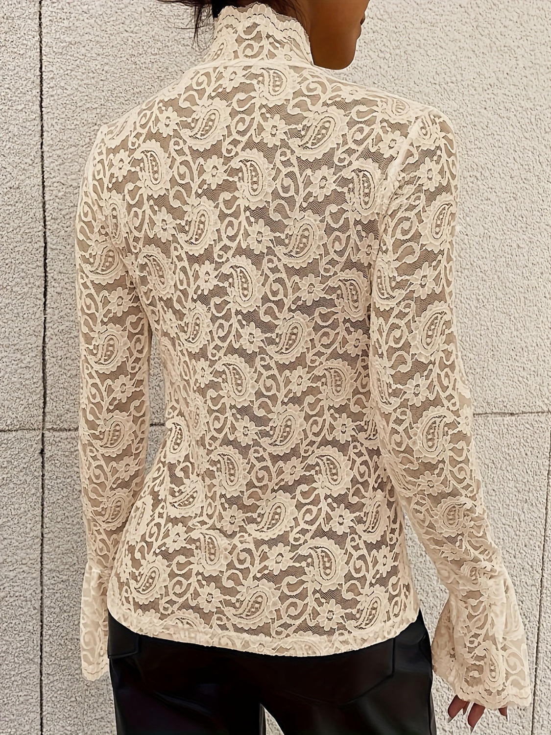 Mock Neck Long Sleeve Lace Top - Ladyez